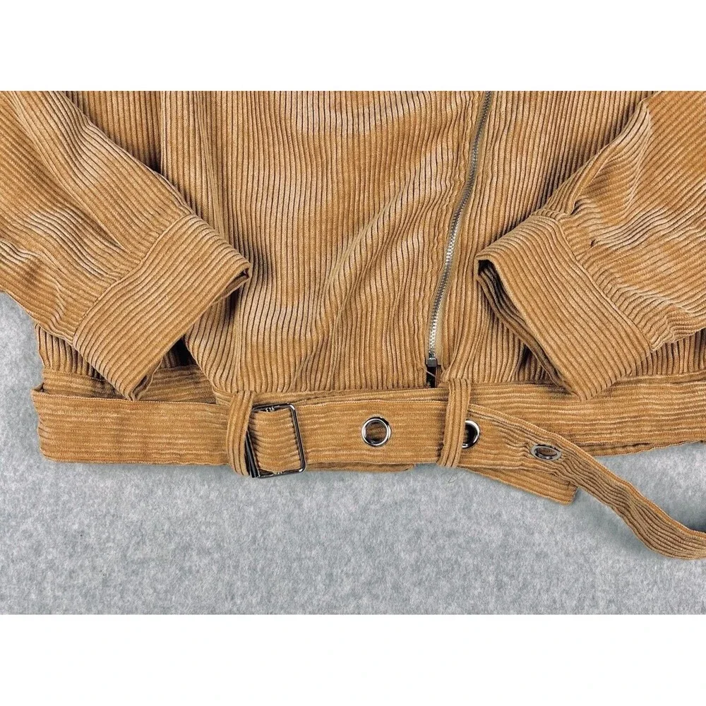 Free People Womens M Brown Corduroy Moto Jacket Cropped Belted Boho Western